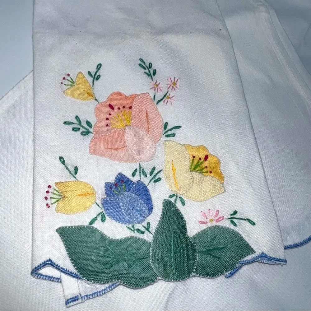Floral Embroidered Table Linens - White with Multicolor Accents